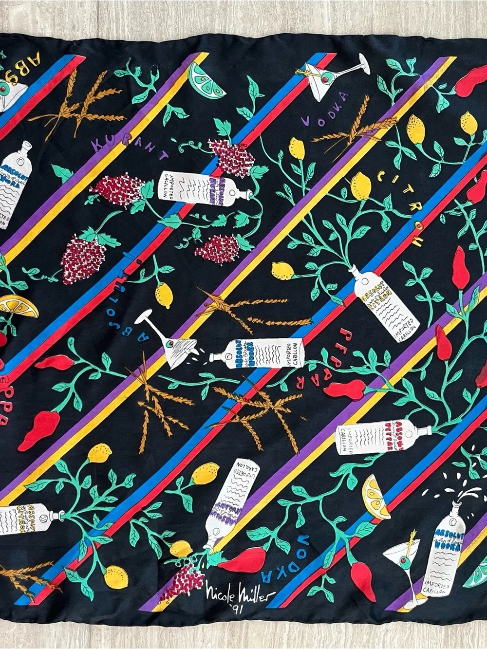 Black Multicolor Botanical Silk Scarf - Nicole Miller vodka absolute